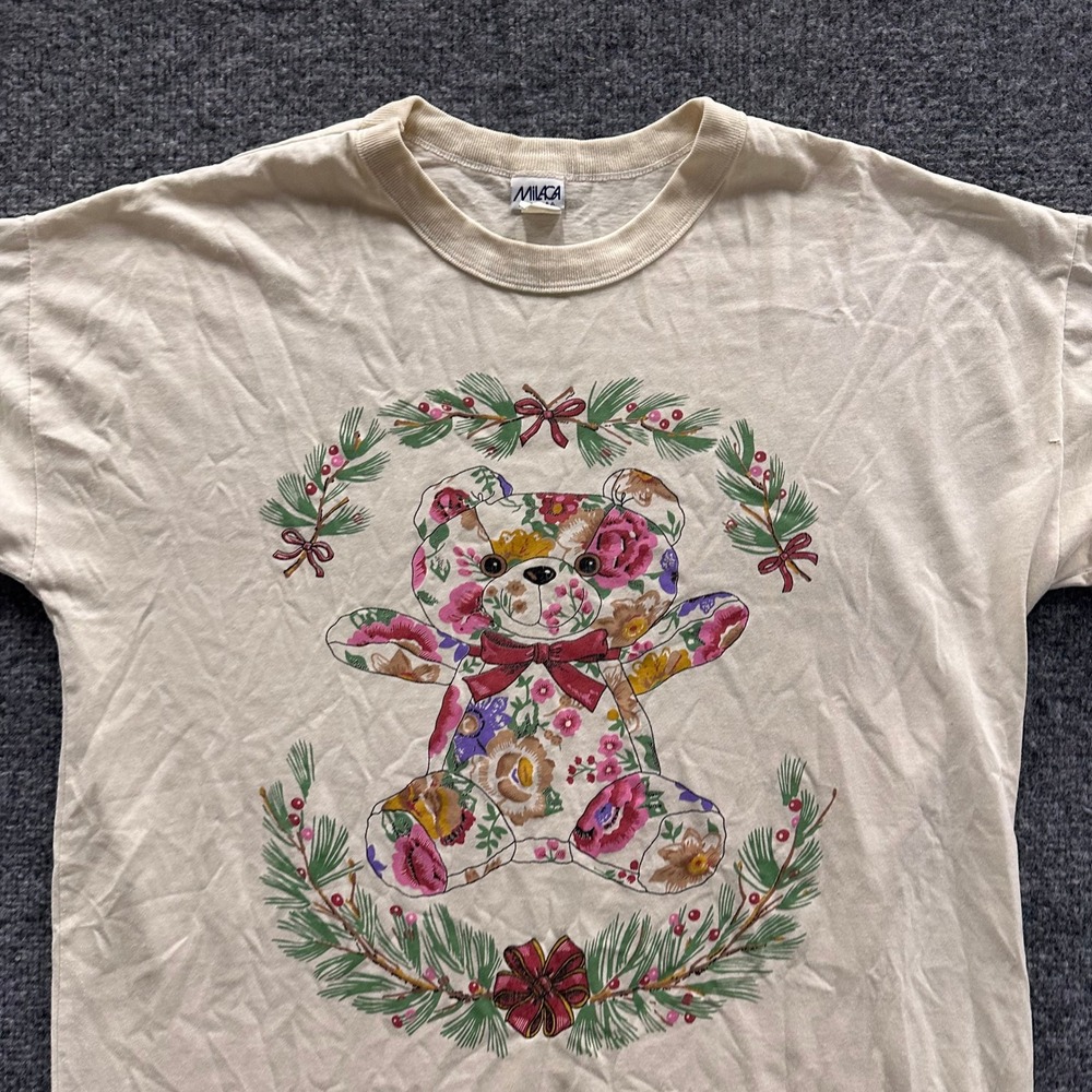 Milaca T-Shirt Womens OS Cream Floral Teddy Bear Graphic Made in USA Vintage